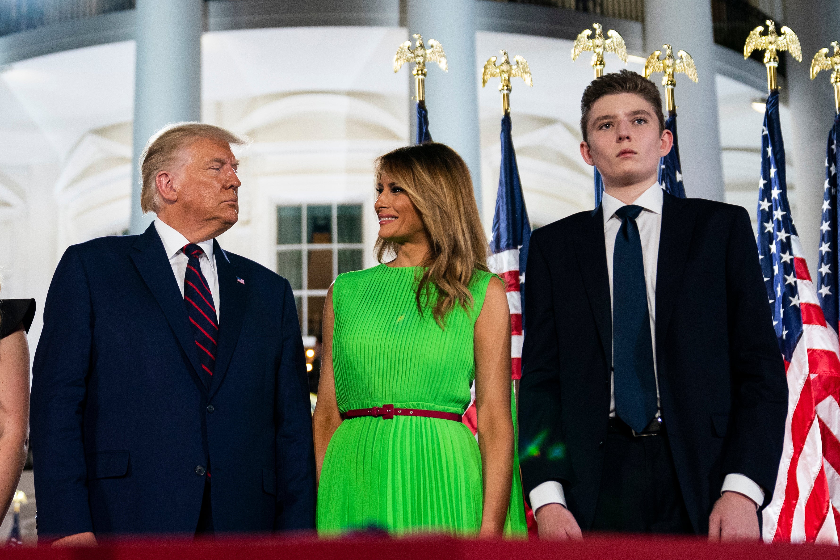 Donald Trump with then-first lady Melania Trump and their son Barron as the former delivered his acceptance speech for the Republican presidential nomination on the South Lawn of the White House on 27 August 2020