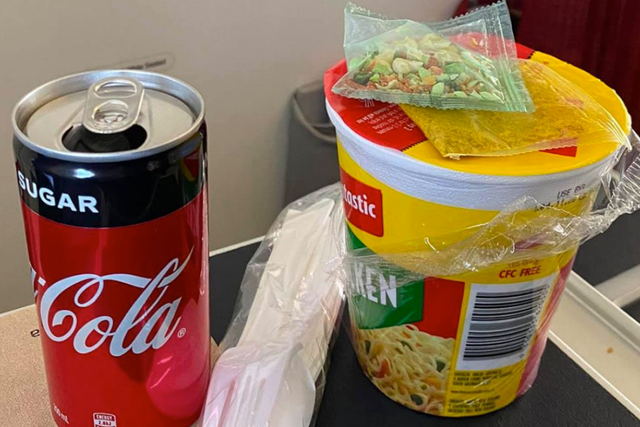 The business class snack includes Fantastic Noodles