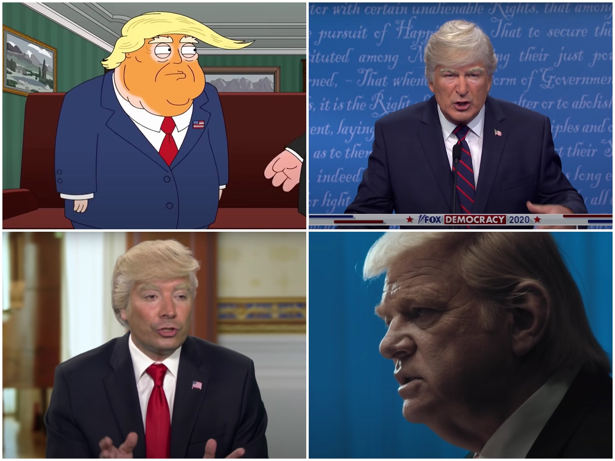 Clockwise from top left: Trump in ‘Family Guy’, ‘Saturday Night Live’, ‘The Comey Rule’ and ‘The Tonight Show with Jimmy Fallon'