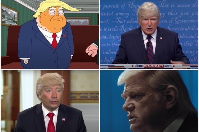 Clockwise from top left: Trump in ‘Family Guy’, ‘Saturday Night Live’, ‘The Comey Rule’ and ‘The Tonight Show with Jimmy Fallon'