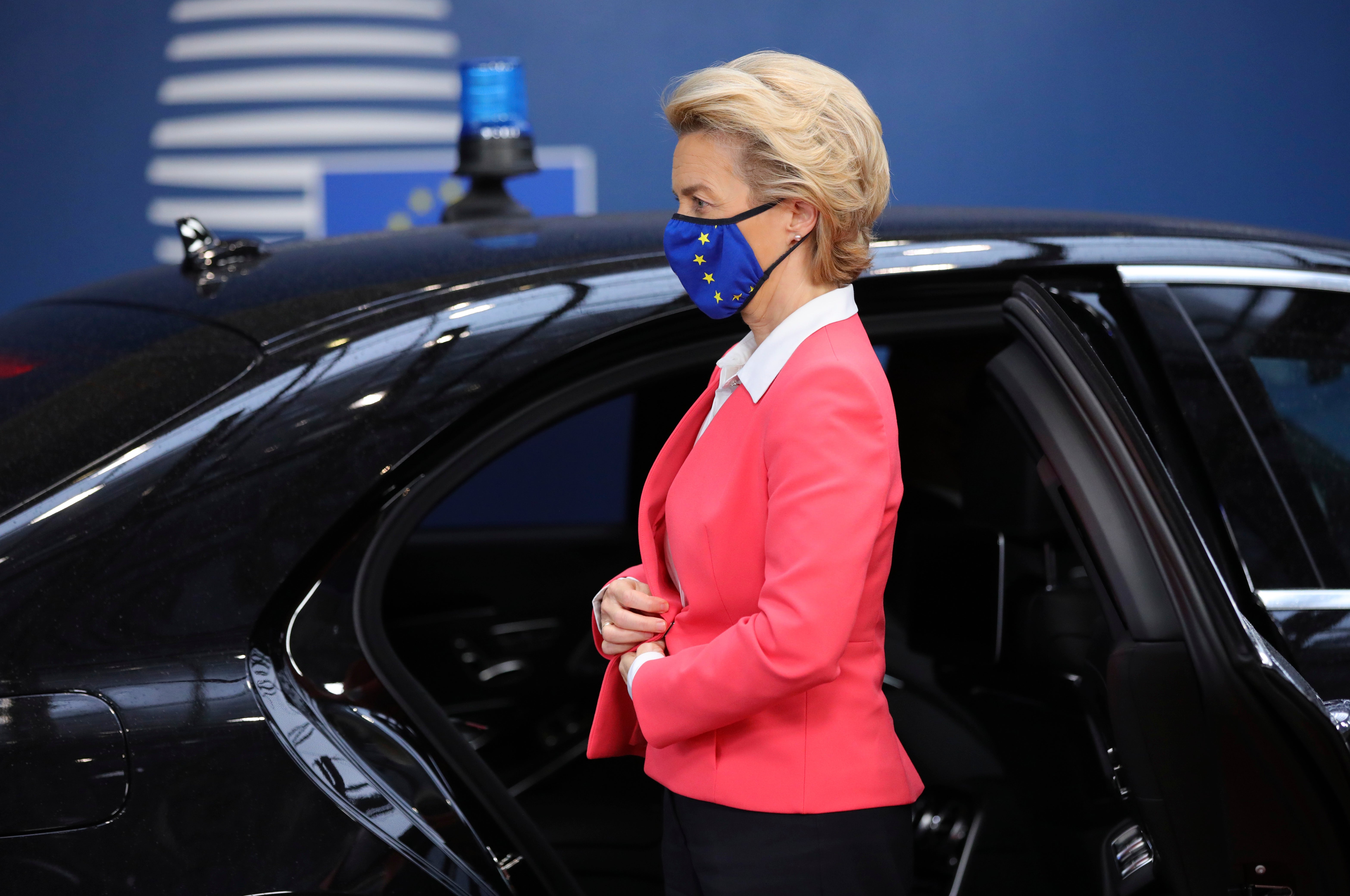 European Commission President Ursula von der Leyen steps out of a car as she arrives at an EU summit in Brussels (FILE)