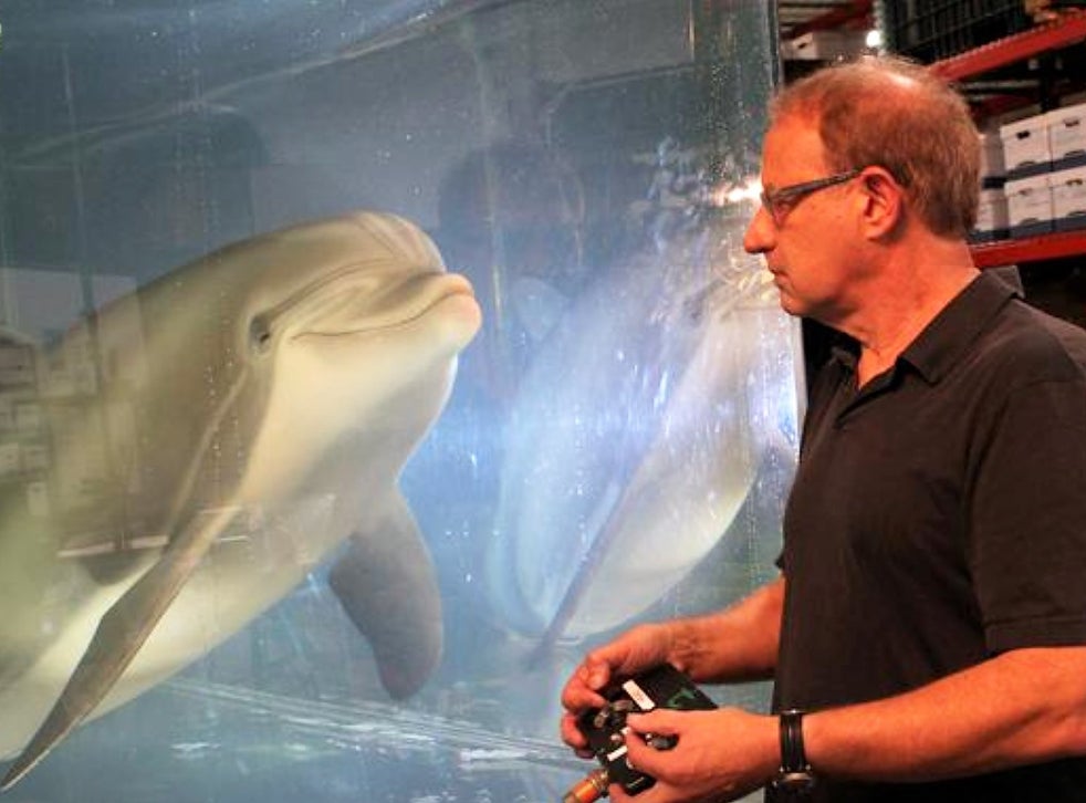 Walt Conti, founder of Edge Innovations, controls an animatronic dolphin at the company’s warehouse in California