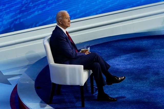 Democratic presidential candidate former Vice President Joe Biden pauses before the start of a town hall with moderator ABC News anchor George Stephanopoulos at the National Constitution Center in Philadelphia, Thursday, Oct. 15, 2020. (AP Photo/Carolyn Kaster)