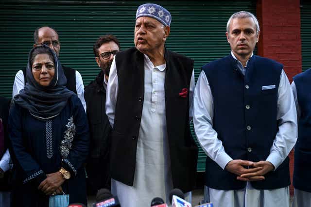 Three former chief ministers of erstwhile Jammu & Kashmir state at the meeting on Thursday: (From left) Mehbooba Mufti, Farooq Abdullah and his son Omar Abdullah