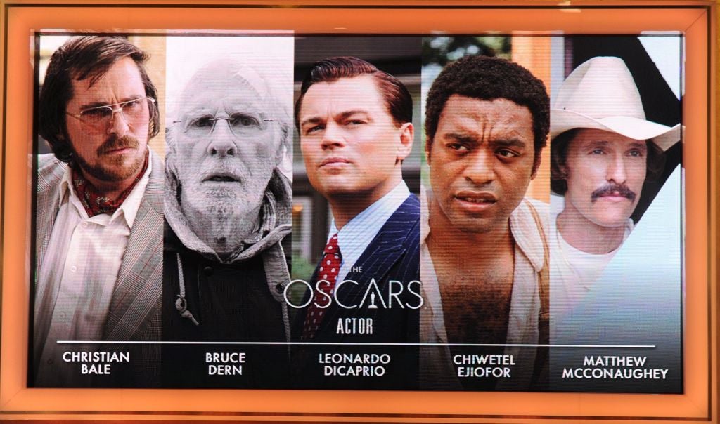 A giant screen shows the Oscar nominees for Best Actor, at the 86th Academy Awards