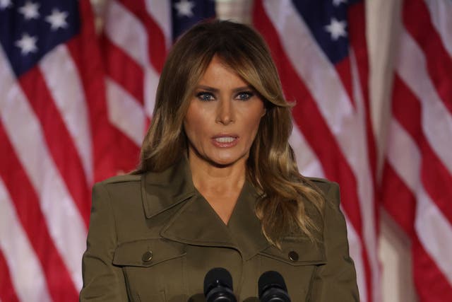 First Lady Melania Trump addresses the Republican National Convention from the Rose Garden at the White House on 25 August, 2020 