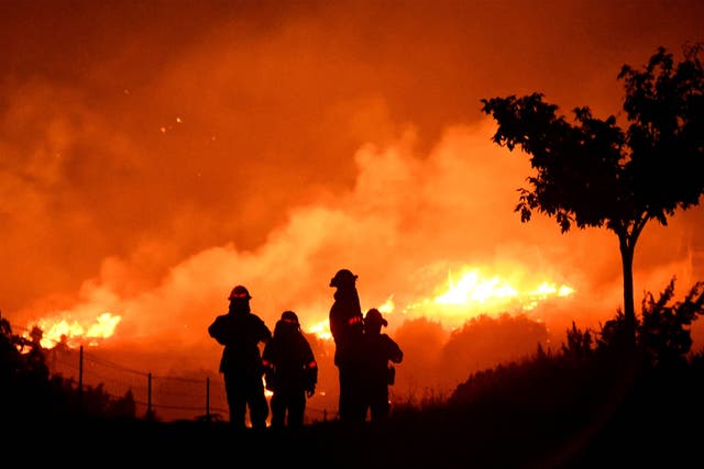 Los Angeles County firefighters keep watch on the Bobcat Fire as it burns through Juniper Hills, California, September, 2020