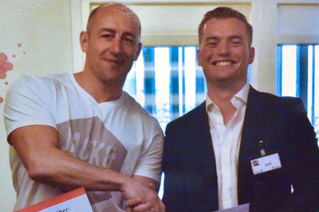 Steve Gallant with Jack Merritt, who died in the London Bridge attack, pictured at the end of a Learning Together prison rehabilitation training course in April 2018