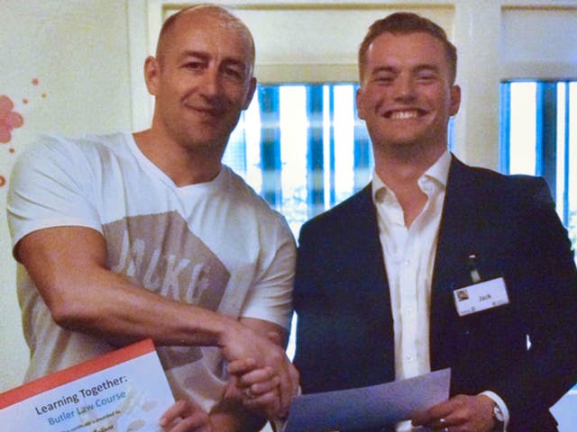 Steve Gallant with Jack Merritt, who died in the London Bridge attack, pictured at the end of a Learning Together prison rehabilitation training course in April 2018