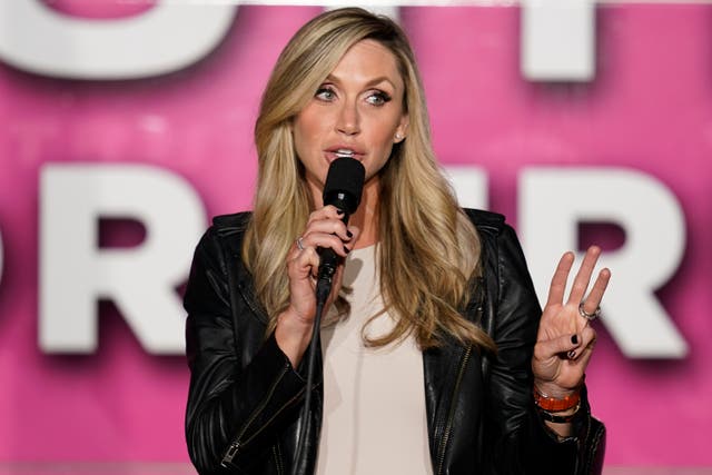 Lara Trump speaks to a crowd during a campaign rally on a Women for Trump Bus Tour campaign event on 8 October 2020.