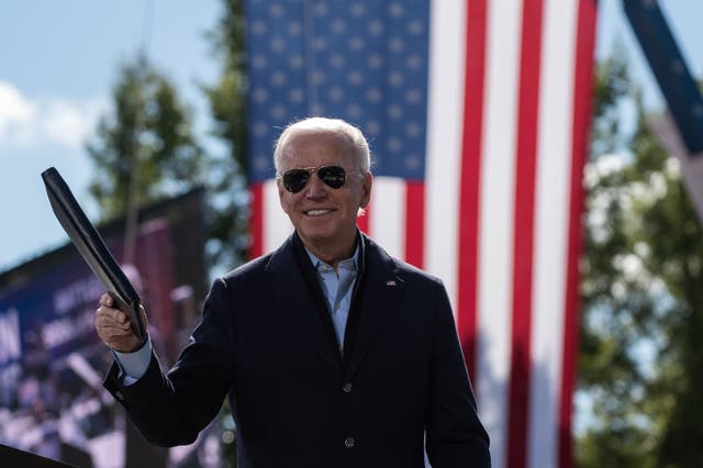 Democratic presidential nominee Joe Biden addresses supporters at a campaign stop in North Carolina on 18 October.