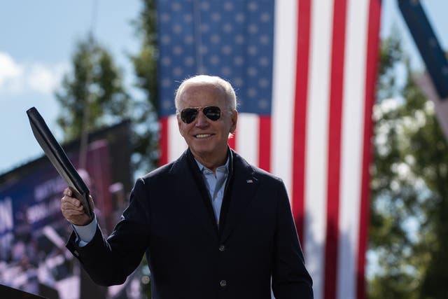 Democratic presidential nominee Joe Biden addresses supporters at a campaign stop in North Carolina on 18 October.