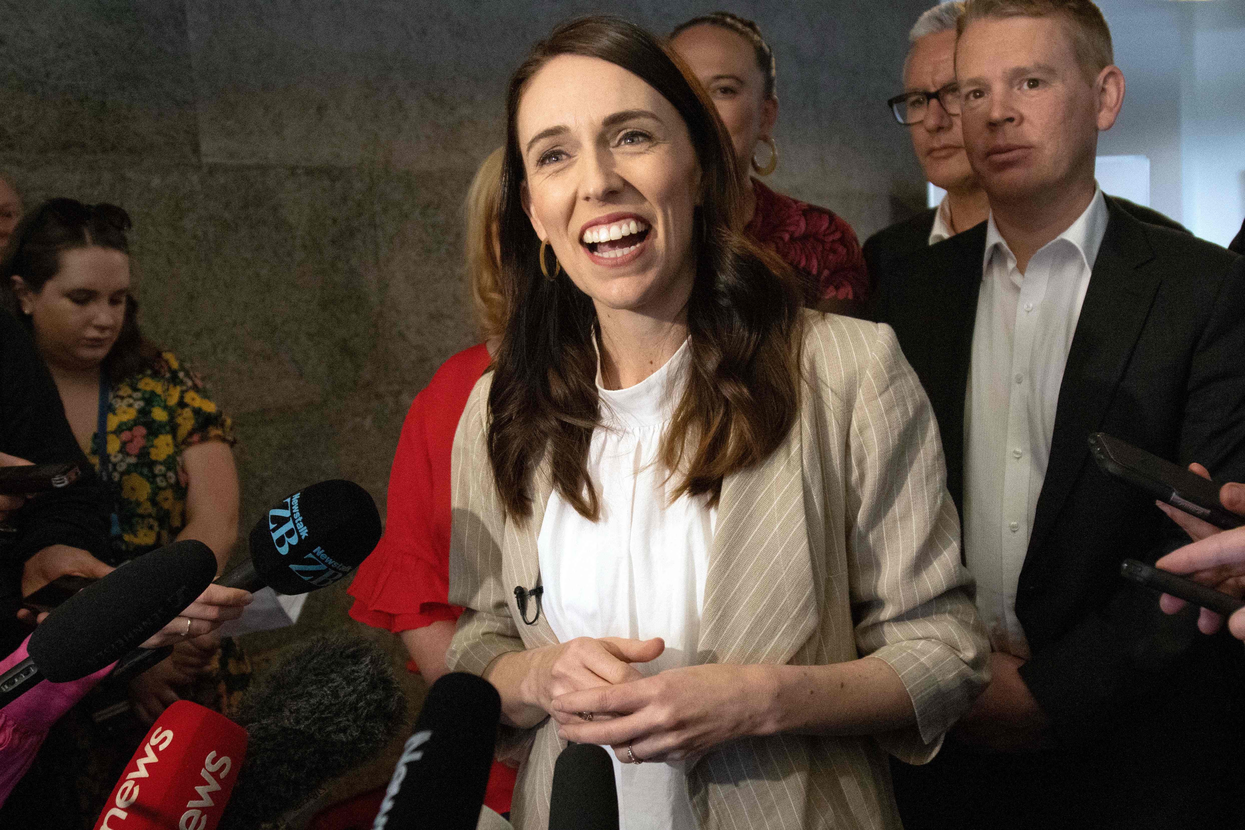 Jacinda Ardern speaks to the media a day after her landslide election win, in Auckland on Sunday