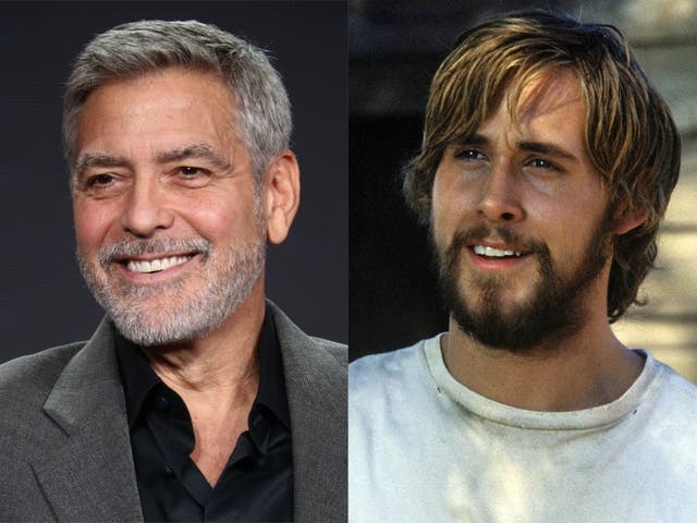 George Clooney in 2019, and Ryan Gosling in ‘The Notebook'