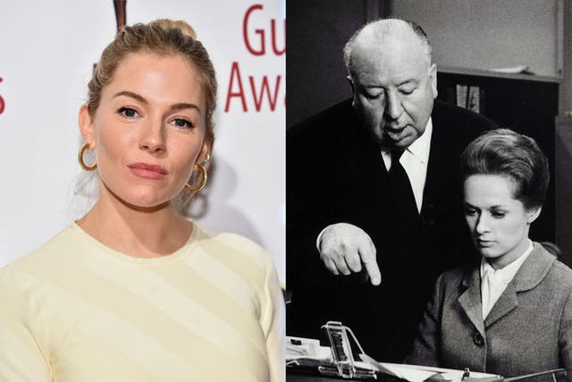 Sienna Miller in early 2020, and Alfred Hitchcock and Tippi Hedren on the set of ‘The Birds'