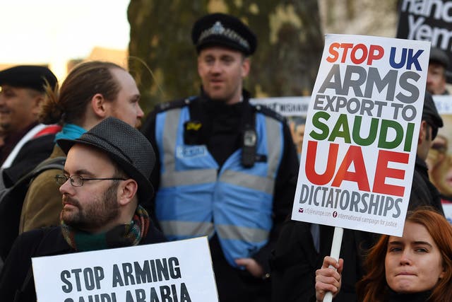 Protesters outside Downing Street gather to demonstrate against Britain’s role in dealing arms to Saudi Arabia ahead of Crown Prince Mohammad bin Salman’s visit to the UK in 2017