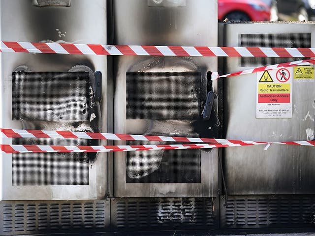 Fire and explosion damage can be seen on an EE network 5G mast that was attacked by an arsonist in Liverpool on 28 May, 2020 