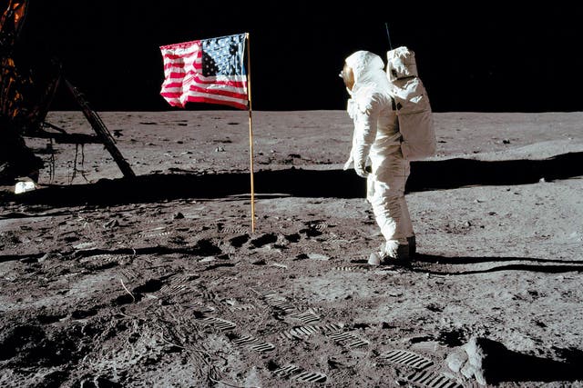 Apollo 11 astronaut Buzz Aldrin salutes the US flag on the moon’s surface in a picture taken by Neil Armstrong after both climbed down the ladder of the lunar module “Eagle” on 21 July, 1969 to become the first men in history to set foot on the moon’s surface