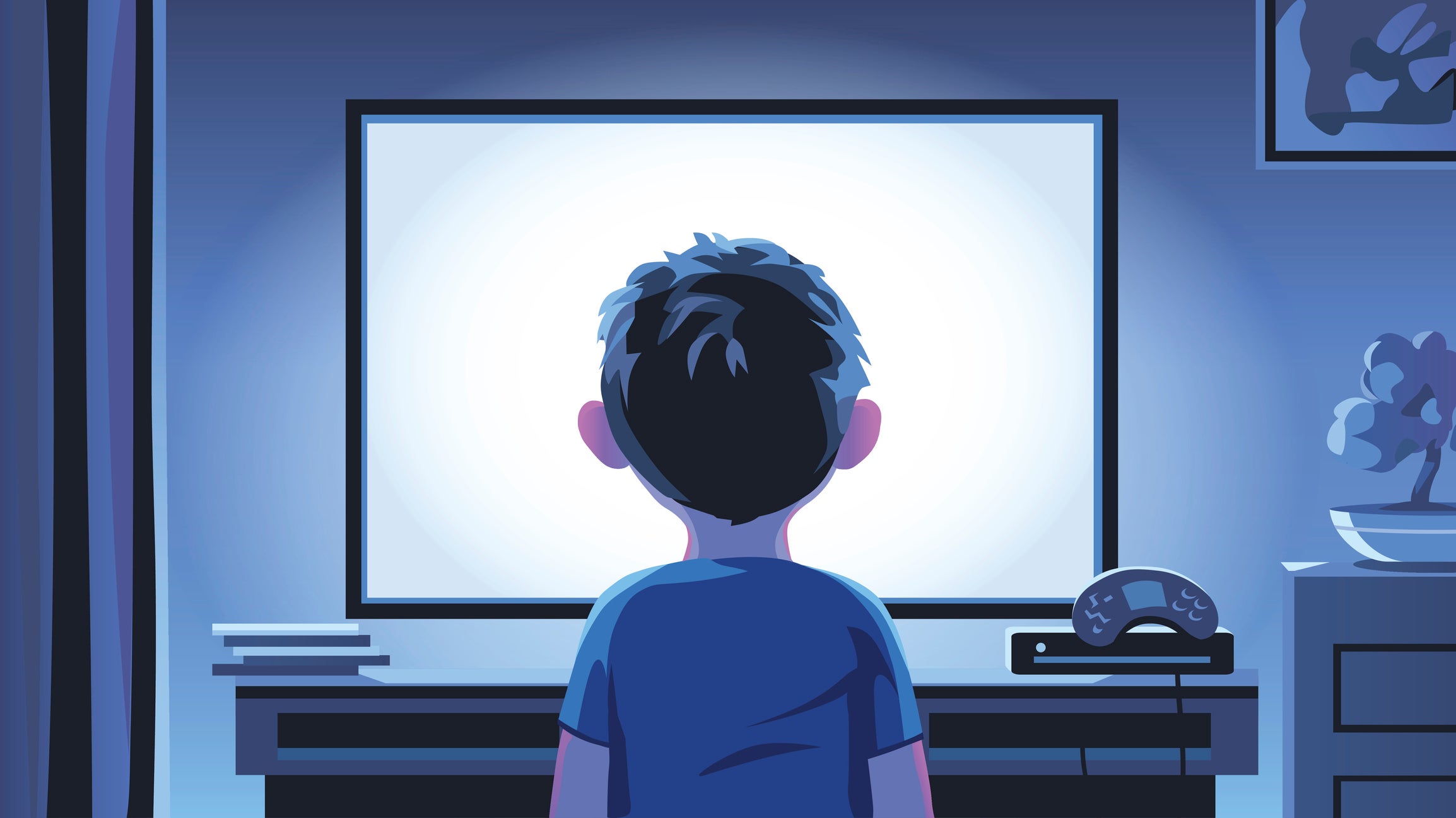 A child stares at the screen indoors