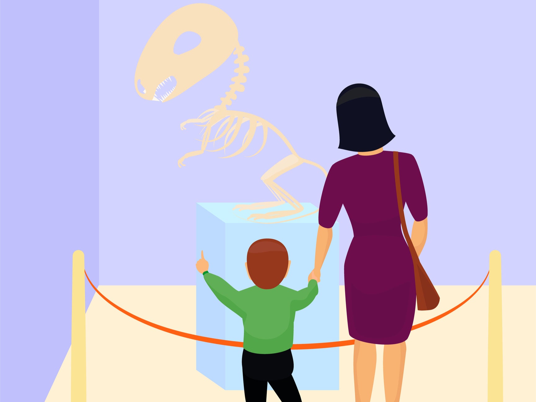 mother with a child in a museum in front of a dinosaur skeleton