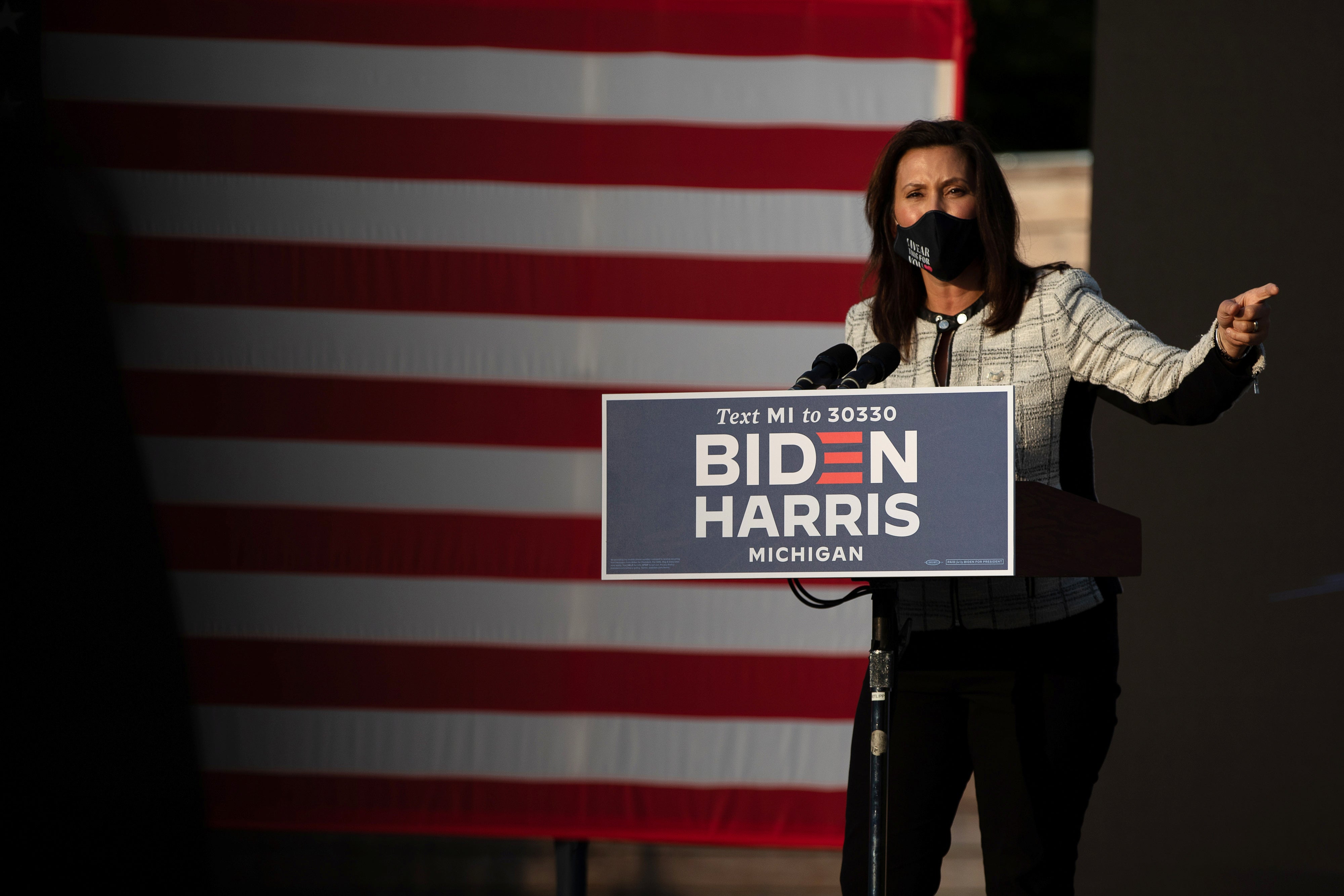 Michigan Governor Gretchen Whitmer speaks at a campaign event for Kamala Harris in Detroit, Michigan on 22 September
