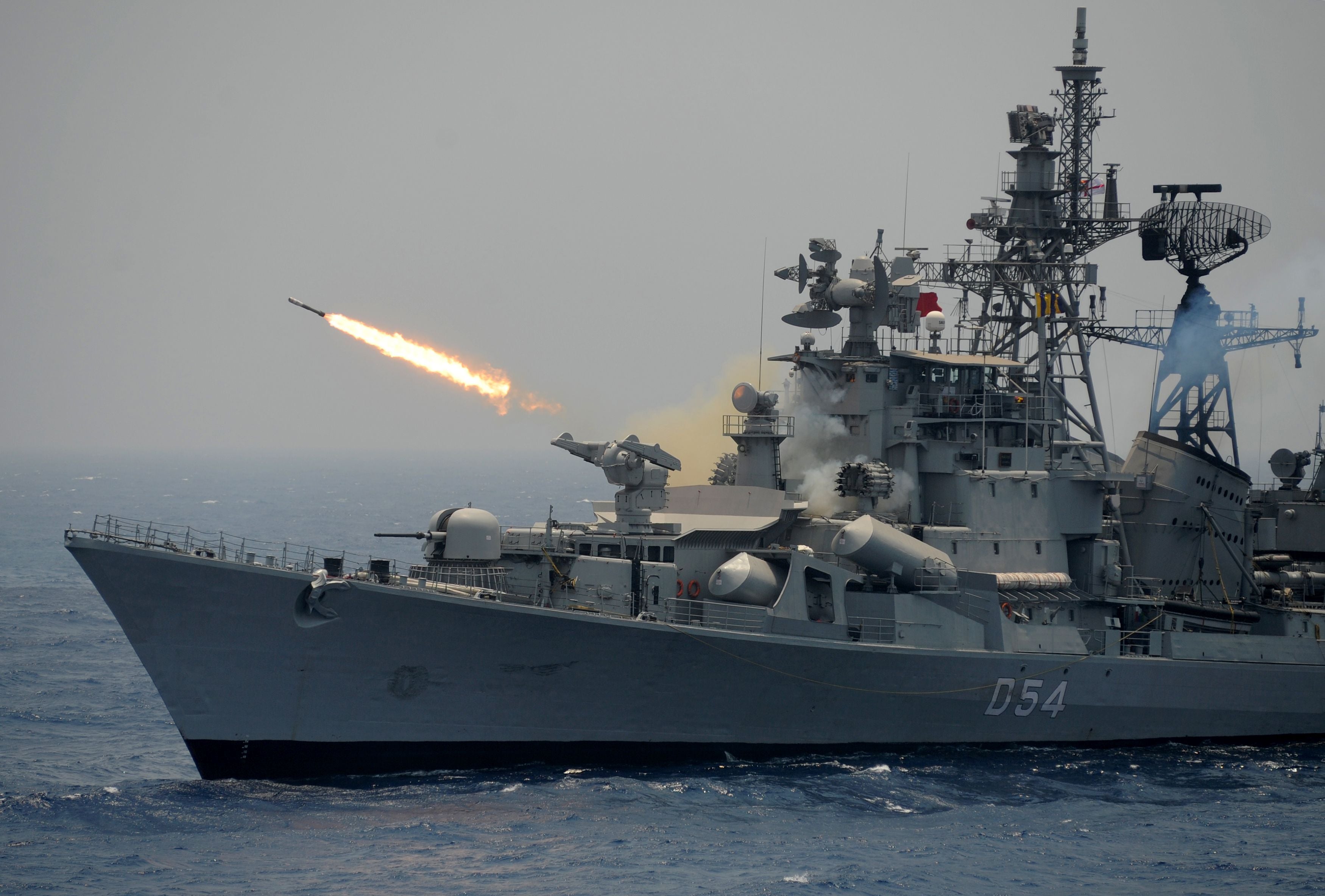 File: A rocket is fired from the Indian Navy destroyer ship INS Ranvir during an exercise drill in the Bay Of Bengal