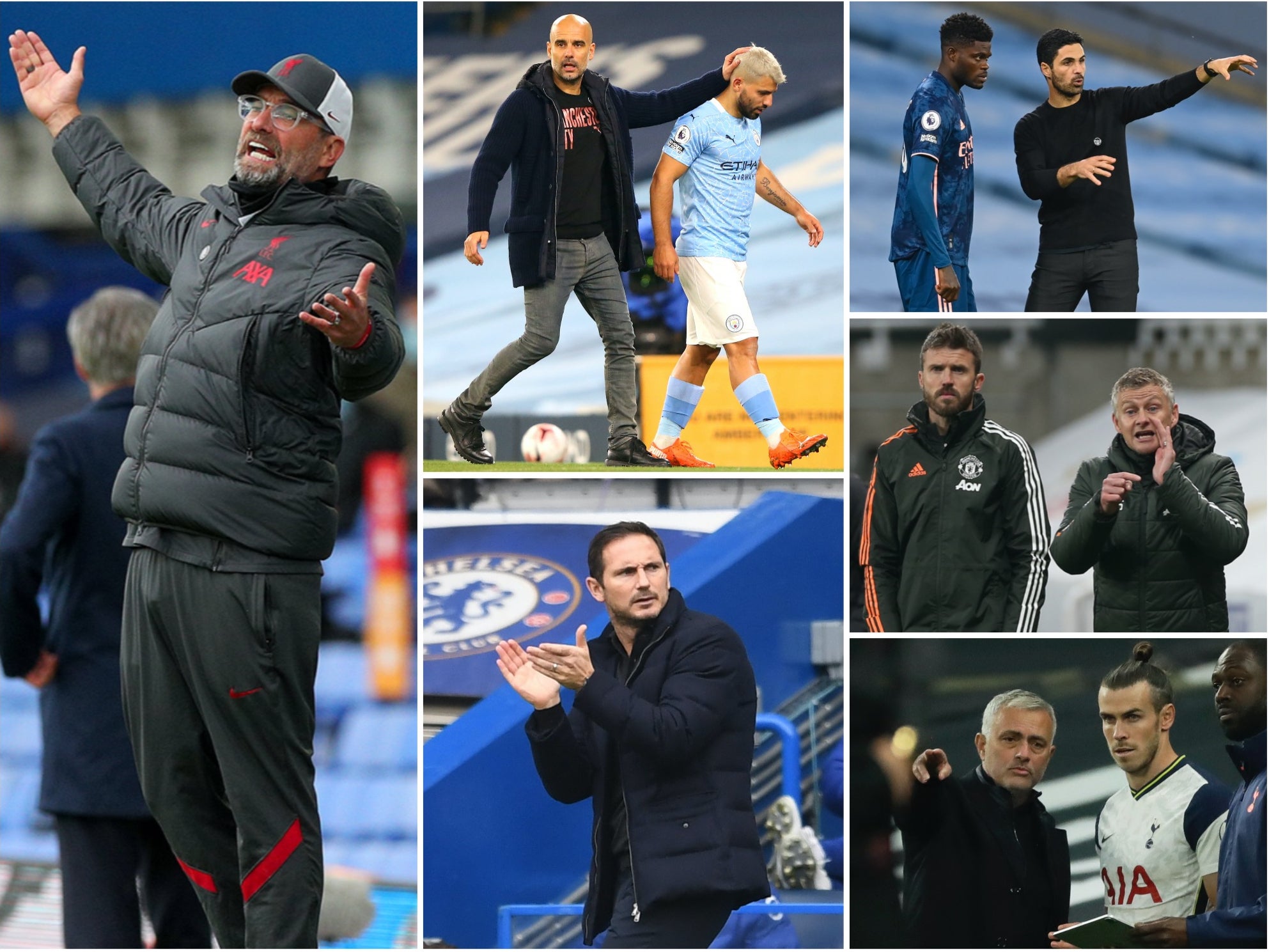 Jurgen Klopp, Pep Guardiola, Frank Lampard, Mikel Arteta, Ole Gunnar Solskjaer and Jose Mourinho