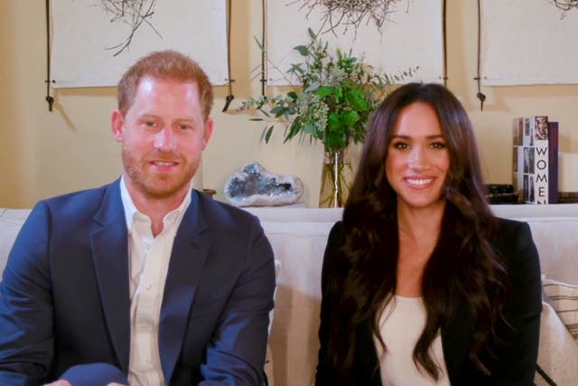 This screengrab released by Time shows Harry and Meghan, the Duke and Duchess of Sussex, hosting a special Time100 talk Tuesday, Oct. 20, 2020, focusing on the digital world