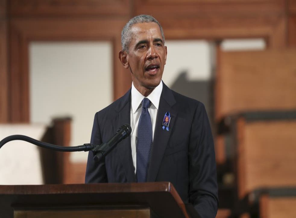 Foto de archivo del 30 de julio de 2020, del expresidente Barack Obama hablando en el funeral del legislador John Lewis en la Ebenezer Baptist Church en Atlanta. Obama realizará el miércoles 21 de octubre de 2020 su primer acto presencial en apoyo al candidato demócrata Joe Biden. (Alyssa Pointer/Atlanta Journal-Constitution via AP, Pool)