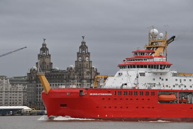 Polar research ship, the RRS Sir David Attenborough, sails on the River Mersey