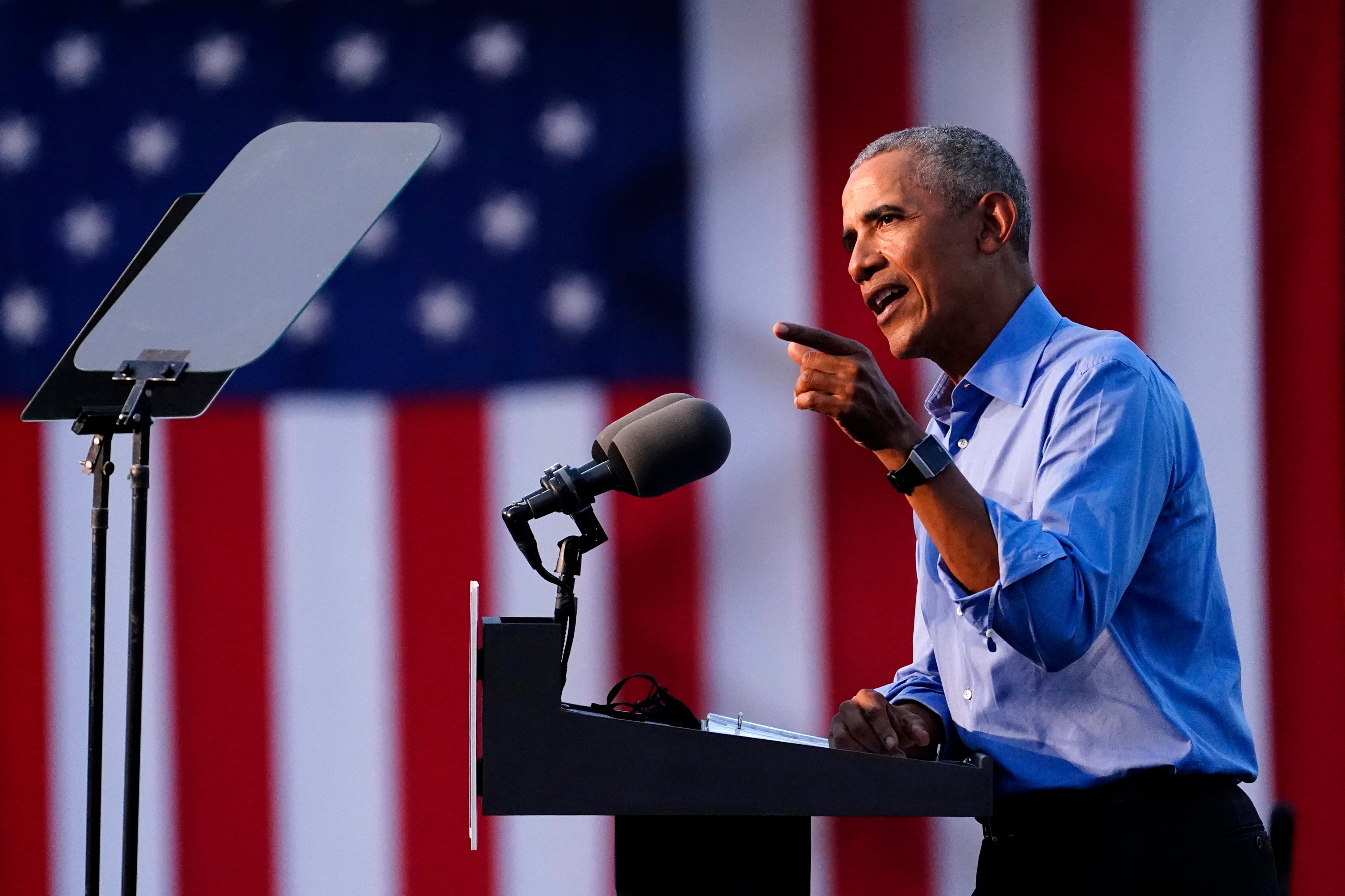 Former President Barack Obama speaks at Citizens Bank Park as he campaigns for Democratic presidential candidate former Vice President Joe Biden in Philadelphia on 21 October.