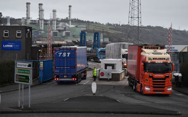 <p>LARNE, NORTHERN IRELAND Port officers inspect vehicles at a checkpoint in Larne</p>