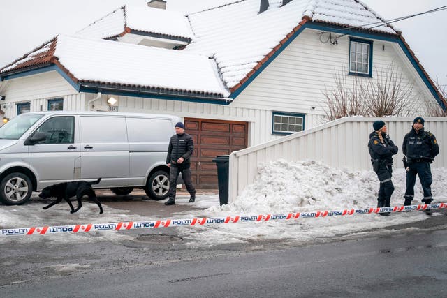Police carry out a search of Tor Mikkel Wara’s house in March 2019 after his partner was arrested on suspicion of setting fire to their car to generate sympathy from the media