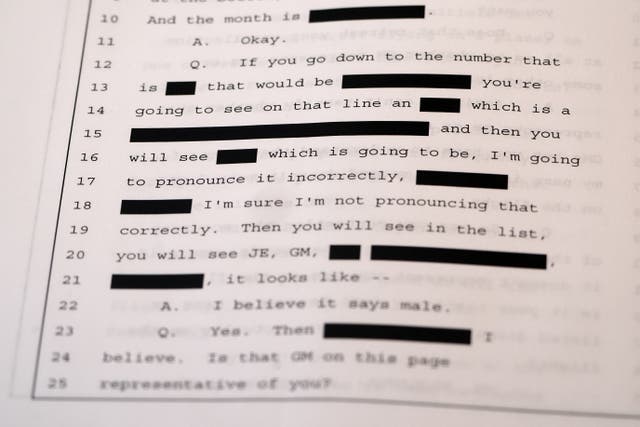 A page from an unsealed 2016 deposition of Ghislaine Maxwell.