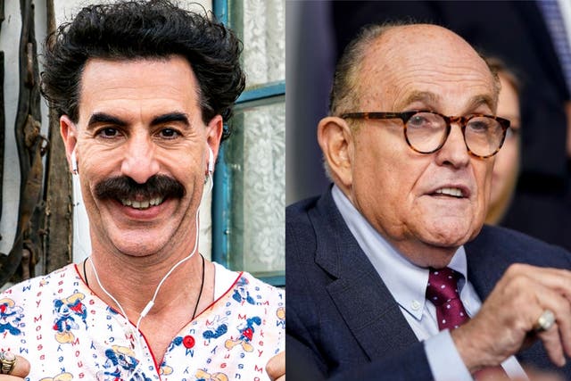 Sacha Baron Cohen as Borat, and Rudy Giuliani at a White House press conference in September