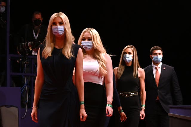 Ivanka Trump, Tiffany Trump and Lara Trump wear face masks as they arrive at the final presidential debate at Belmont University in Nashville, Tennessee, on 22 October 2020
