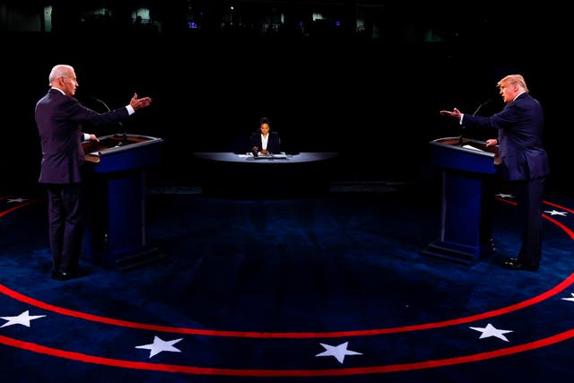 US President Donald Trump and Democratic Presidential candidate, former US Vice President Joe Biden and moderator, NBC News anchor, Kristen Welker participating in the final presidential debate at Belmont University in Nashville, Tennessee, on October 22, 2020