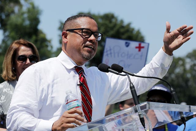 Minnesota attorney general Keith Ellison (D-MN) addresses a rally against Trump Administration education funding cuts outside the U.S. Capitol July 19, 2017 in Washington, DC