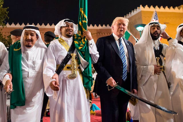 <p>Trump at the Saudi Royal Palace in May 2017, a trip which launched a dramatic relationship revamp that freed the hands of the Gulf monarchies. (Photo by BANDAR AL-JALOUD/Saudi Royal Palace/AFP via Getty Images)</p>