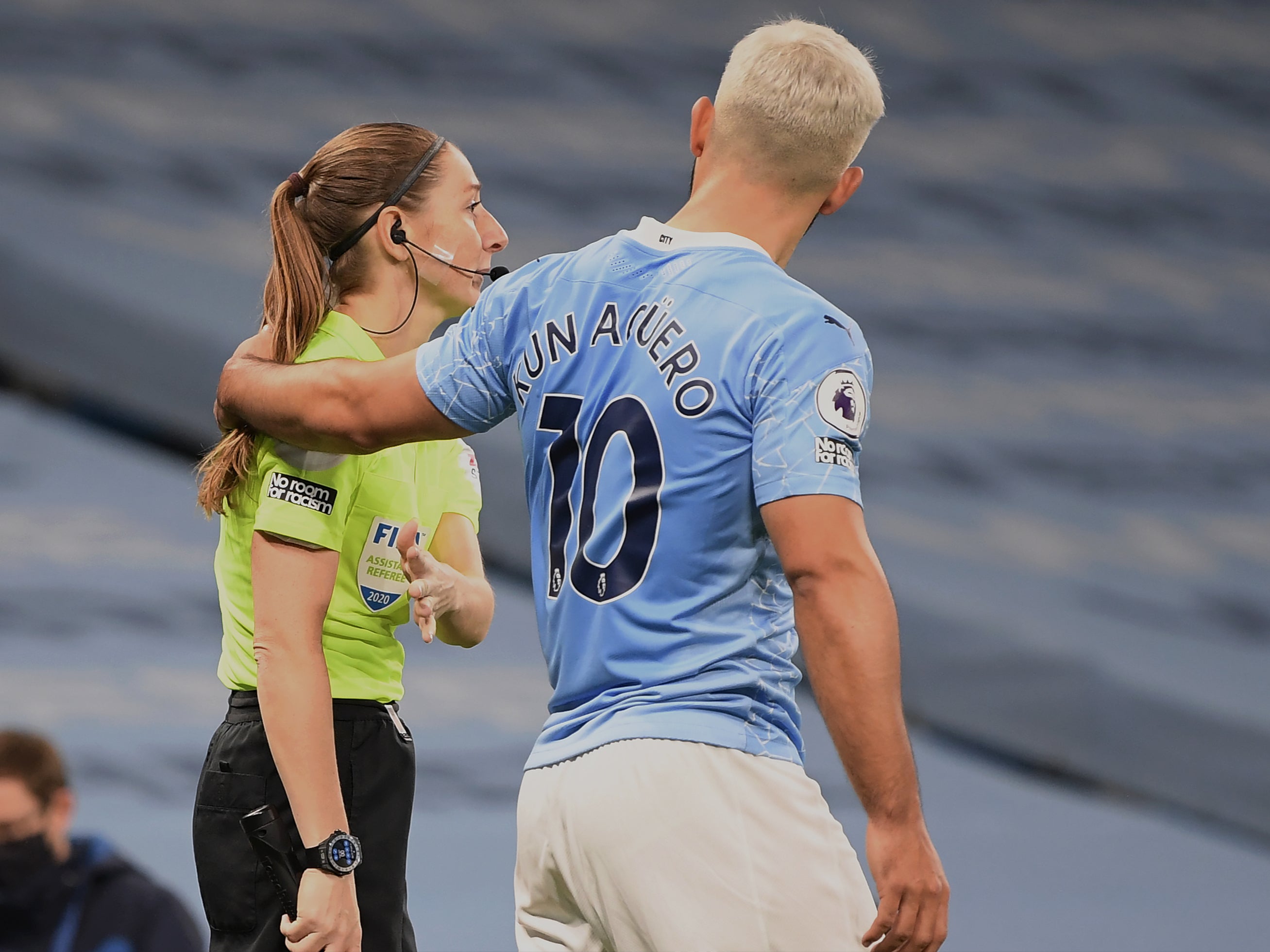 Sergio Aguero puts his arms around Sian Massey-Ellis’ shoulder