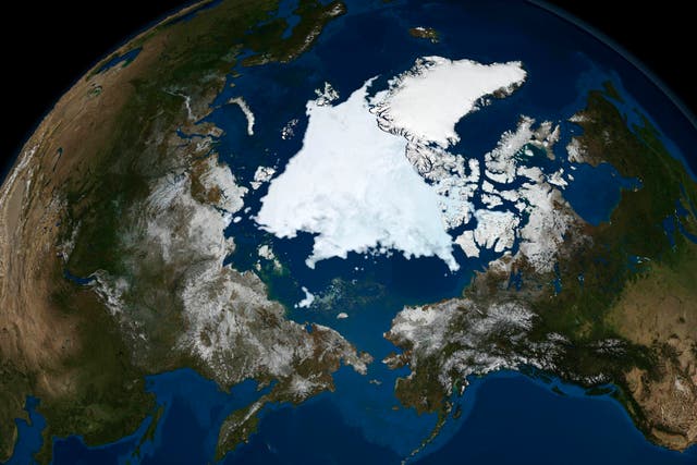 The state of Arctic sea ice is seen in this image taken by NASA’s Aqua satellite on September 10, 2008. The amount of sea ice has reduced significantly since then.