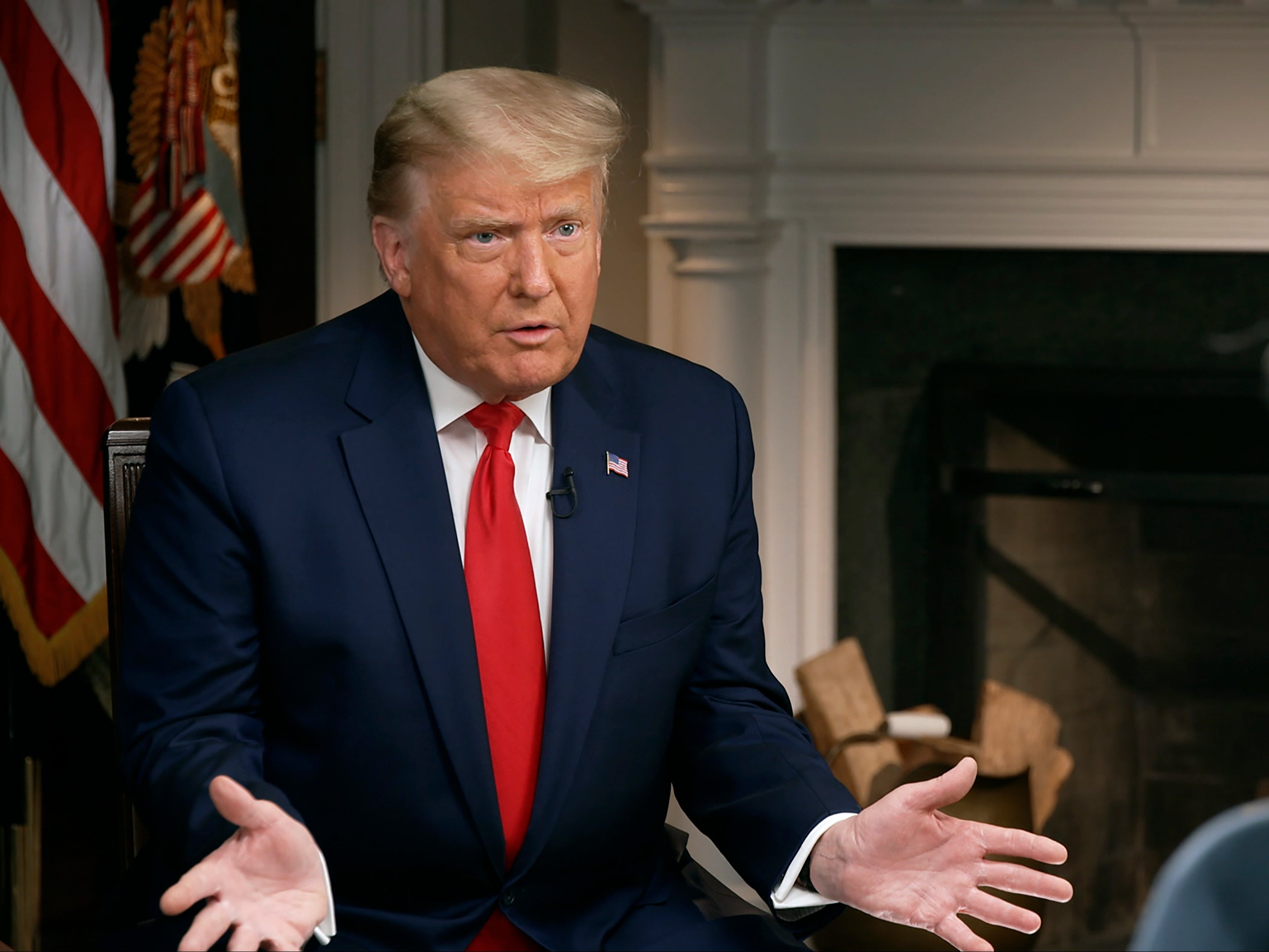 President Donald Trump speaks during an interview conducted by Lesley Stahl in the White House, Tuesday 20 October 2020