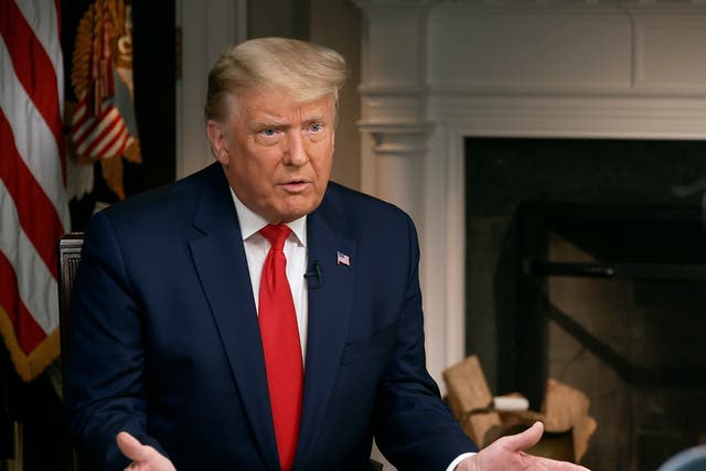 President Donald Trump speaks during an interview conducted by Lesley Stahl in the White House, Tuesday 20 October 2020