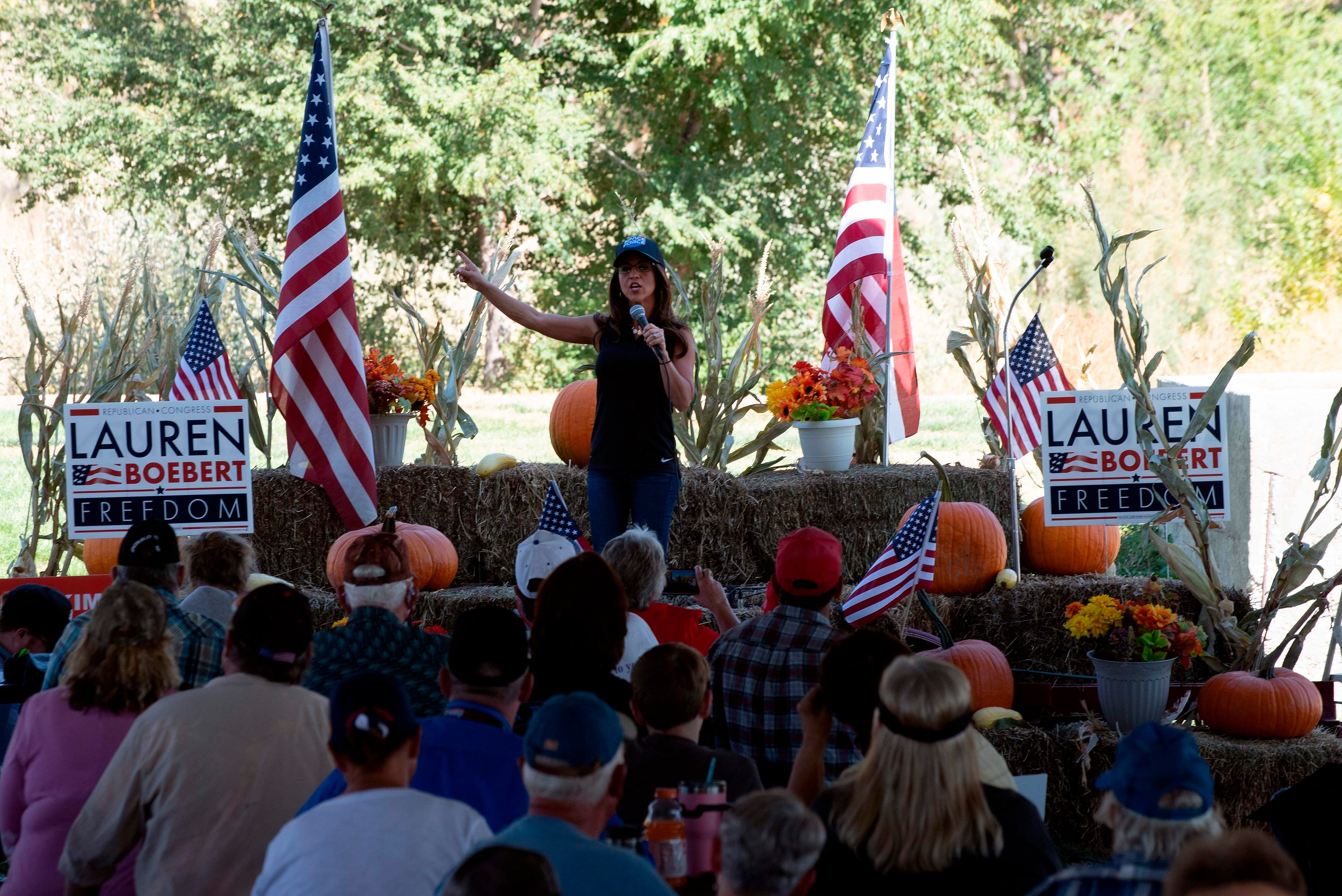 Lauren Boebert, the Republican candidate for the US House of Representatives seat in Colorado’s 3rd Congressional District, holds a rally on 10 October.