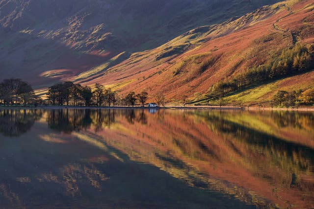 Autumnal reflections in Lake Buttermere in the Lake District