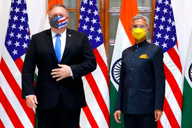US Secretary of State Mike Pompeo (L) and India’s Foreign Minister Subrahmanyam Jaishankar stand during a photo opportunity before their meeting at Hyderabad House in Delhi on Monday