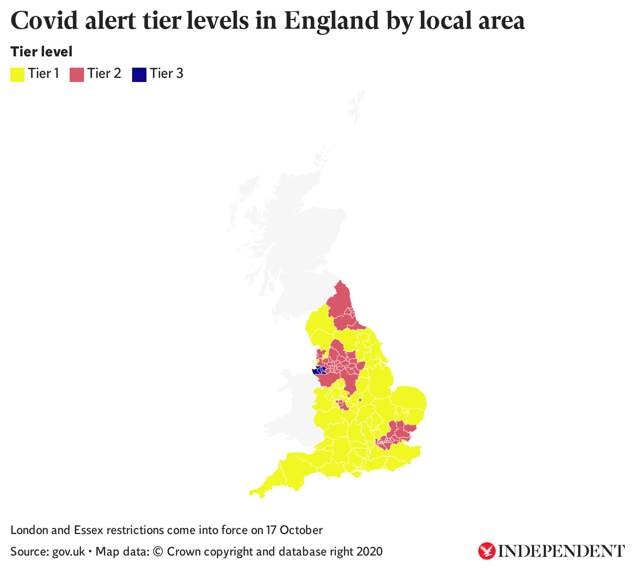 Covid alert tier levels in England by local area