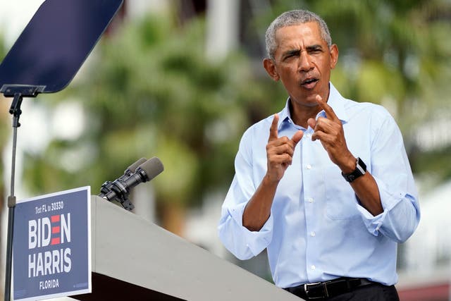 Former President Barack Obama speaks at a rally as he campaigns for Democratic presidential candidate former Vice President Joe Biden Tuesday, Oct. 27, 2020, in Orlando, Fla. (AP Photo/John Raoux)