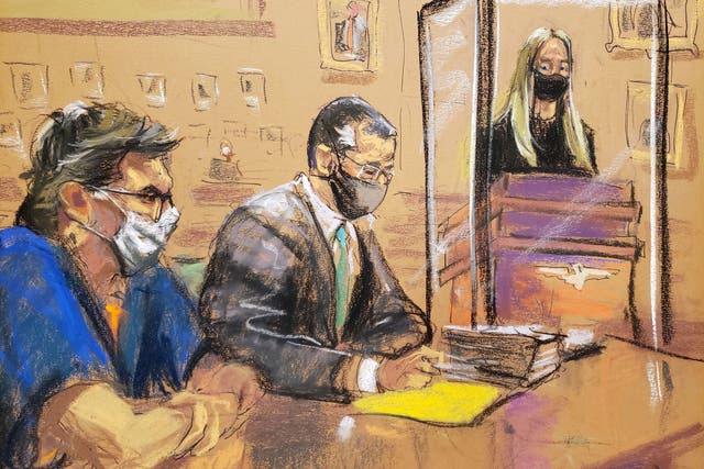 India Oxenberg gives a victim impact statement as Keith Raniere sits with his lawyer during Raniere’s sentencing hearing in Brooklyn on 27 October 2020