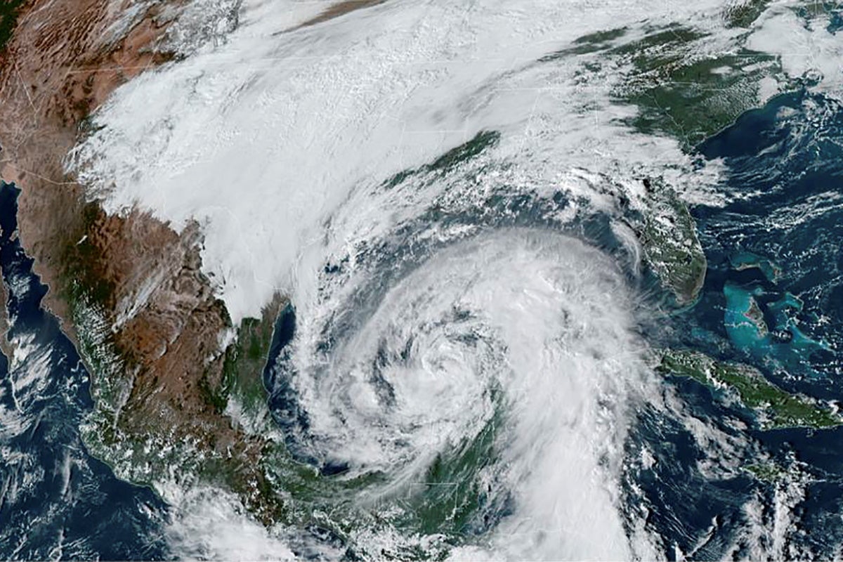 A NOAA satellite image shows Tropical Storm Zeta, which is expected to strengthen to a hurricane, in the Gulf of Mexico and approaching the coast of Louisiana on 27 October.